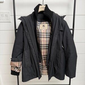 BURBERRY Size S- Middle Weight Jacket with Hood Black/Classic Plaid (Vest Front)